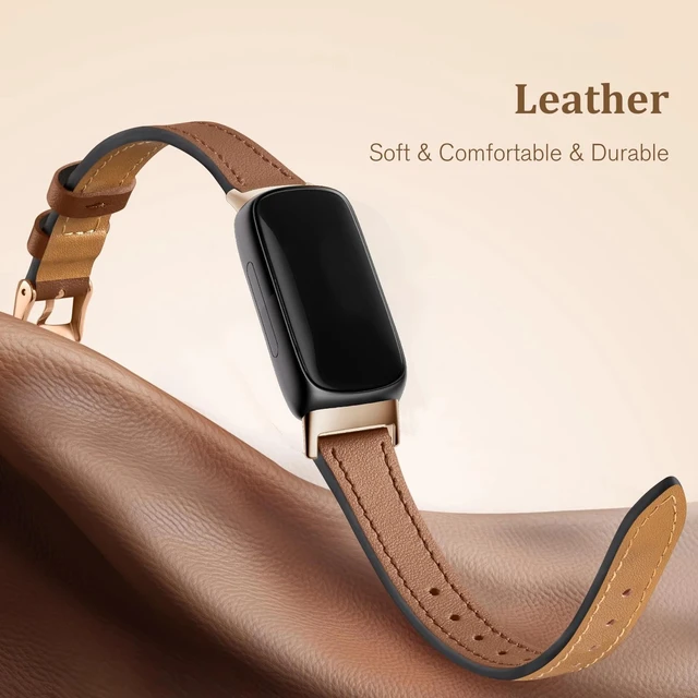 Alt view image 2 of 6 - Slim Leather Band For Fitbit Inspire 3,Brown/Rose Gold Women,Leather,Strap,Thin,Wristband