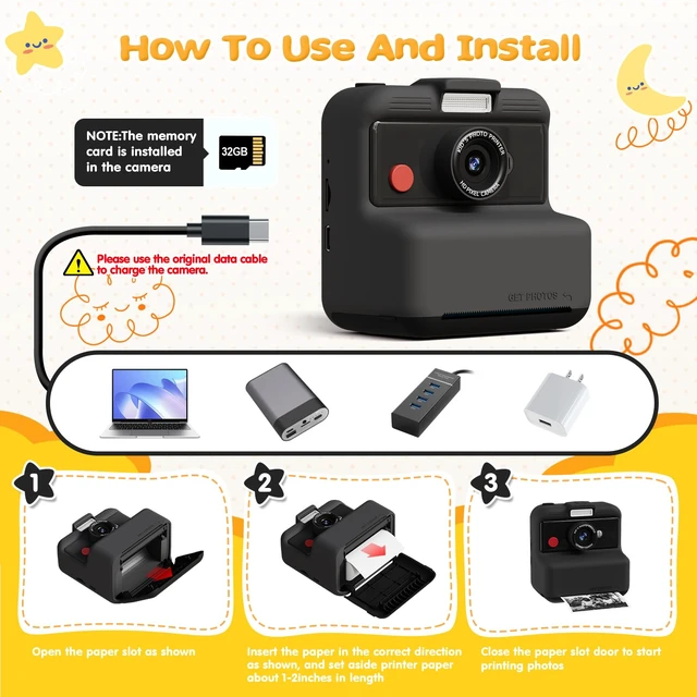 Alt view image 7 of 7 - Kids Camera Instant Print, 3.0'' Screen 48MP Kids Digital Camera Includes 32GB Card & 3 Rolls Print Paper, 7 Print Densities, Christmas Birthday Gifts for Children 3 4 5 6 7 8 9 10 Years Old