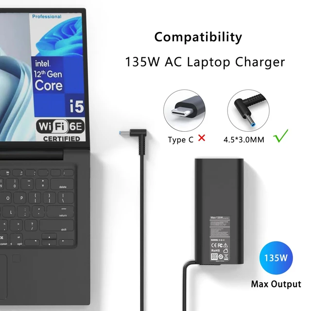 Alt view image 2 of 7 - 135W Laptop Charger Compatible with HP Spectre X360 15 16 15t-df100 15-df 16t-f10 16-f2097nr Omen 15 17 Pavilion Gaming 15 16 ZBook Studio G5 G6 G7 TPN-DA11 l15534-001 Power Cord