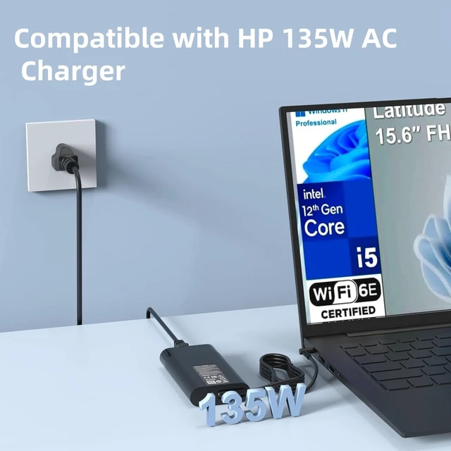 Alt view image 4 of 7 - 135W Laptop Charger Compatible with HP Spectre X360 15 16 15t-df100 15-df 16t-f10 16-f2097nr Omen 15 17 Pavilion Gaming 15 16 ZBook Studio G5 G6 G7 TPN-DA11 l15534-001 Power Cord