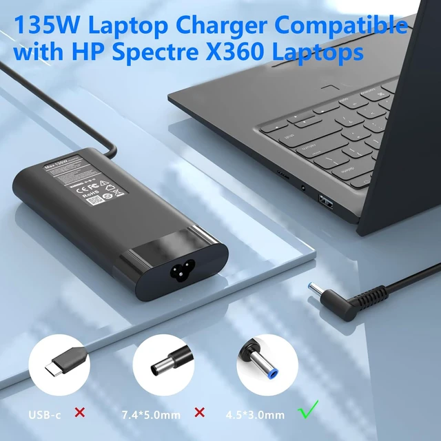 Alt view image 6 of 7 - 135W Laptop Charger Compatible with HP Spectre X360 15 16 15t-df100 15-df 16t-f10 16-f2097nr Omen 15 17 Pavilion Gaming 15 16 ZBook Studio G5 G6 G7 TPN-DA11 l15534-001 Power Cord