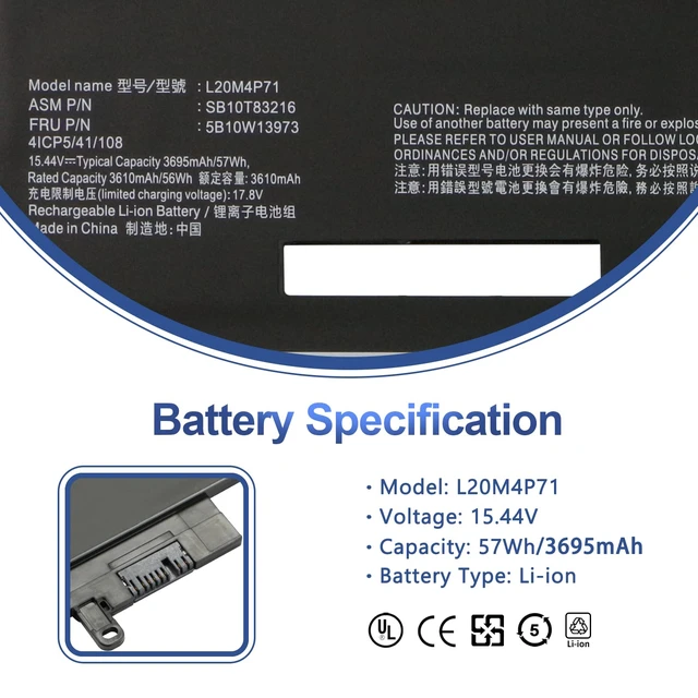 Alt view image 2 of 7 - L20M4P71 57Wh Laptop Battery for Lenovo ThinkPad X1 Carbon 9th 10th Gen X1 Yoga 6th 7th Gen 2021 Series L20C4P71 L20D4P71 L20L4P71 5B10W13974 SB10T83217 SB10T83216 5B10W13973 5B10W13975 SB10T83218