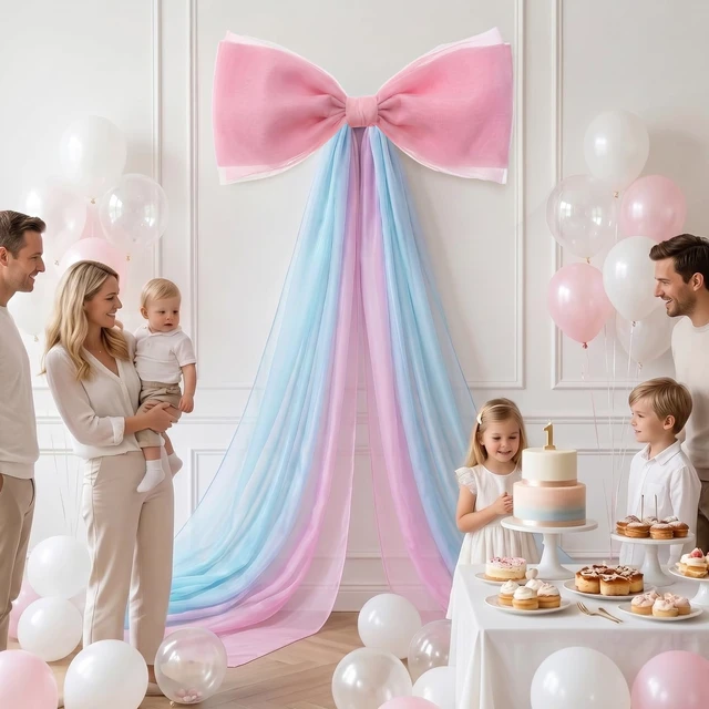 Alt view image 3 of 6 - 39x70 Inch Extra Large Pink and Blue Bows, Giant Tulle Bow Gender Reveal Backdrop Decorations, Boy or Girl Baby Shower Party Arch Wall Hanging (Pink and Blue)