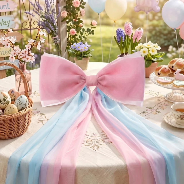 Alt view image 4 of 6 - 39x70 Inch Extra Large Pink and Blue Bows, Giant Tulle Bow Gender Reveal Backdrop Decorations, Boy or Girl Baby Shower Party Arch Wall Hanging (Pink and Blue)