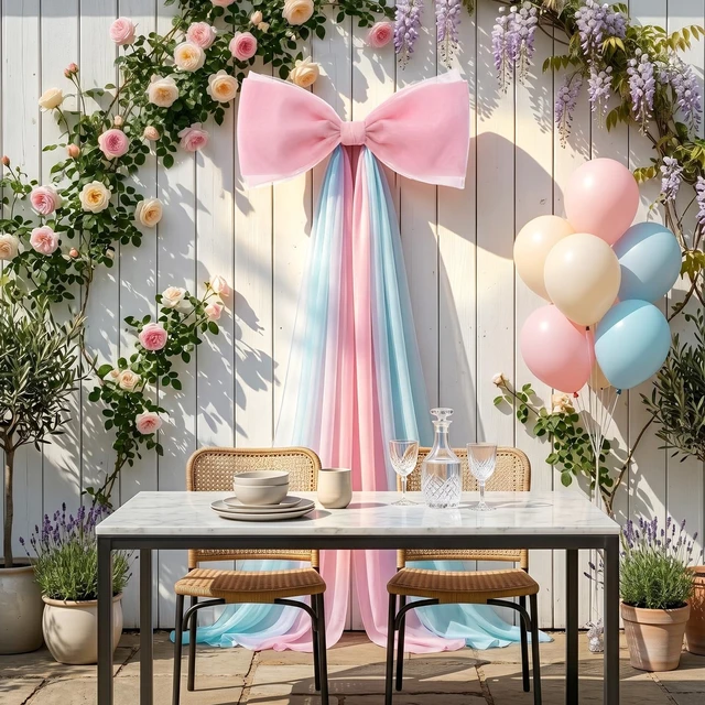Alt view image 5 of 6 - 39x70 Inch Extra Large Pink and Blue Bows, Giant Tulle Bow Gender Reveal Backdrop Decorations, Boy or Girl Baby Shower Party Arch Wall Hanging (Pink and Blue)
