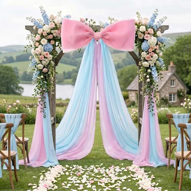 Alt view image 6 of 6 - 39x70 Inch Extra Large Pink and Blue Bows, Giant Tulle Bow Gender Reveal Backdrop Decorations, Boy or Girl Baby Shower Party Arch Wall Hanging (Pink and Blue)