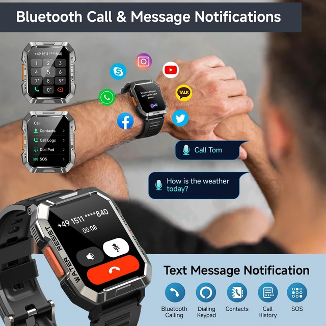 Alt view image 4 of 7 - Military Smart Watch for Men, Flashlight/100-Day Battery/Compass/2 Bands 2.01" HD, Heart Rate/SpO2/Sleep Monitor, Answer/Make Calls, 100+ Sport Modes/IP68 Waterproof Fitness Watch for iPhone/Android
