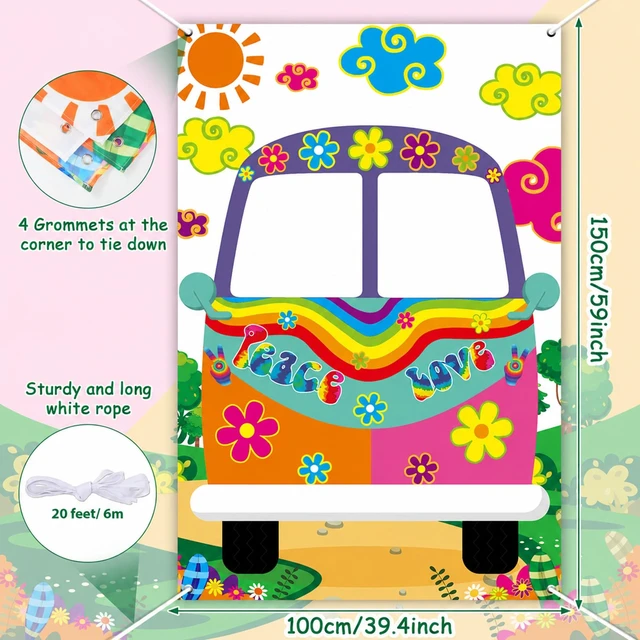 Alt view image 2 of 7 - 60's Hippie Bus Photo Prop 60s Party Decorations Large Fabric Retro Groovy Van Prop Hippie Selfie Frame Backdrop Background Banner Birthday Supplies Retro 60s 70s Party Favors 59 x 39.4 Inch