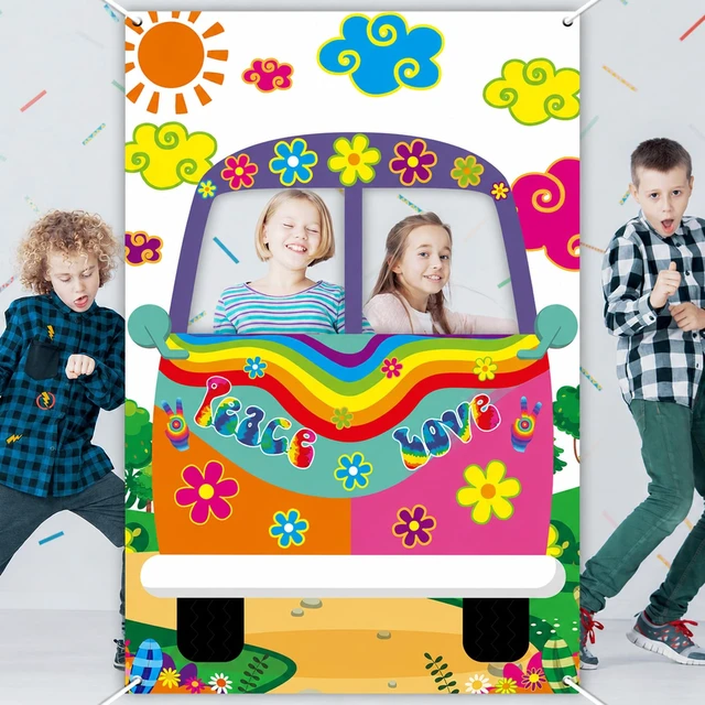 Alt view image 4 of 7 - 60's Hippie Bus Photo Prop 60s Party Decorations Large Fabric Retro Groovy Van Prop Hippie Selfie Frame Backdrop Background Banner Birthday Supplies Retro 60s 70s Party Favors 59 x 39.4 Inch