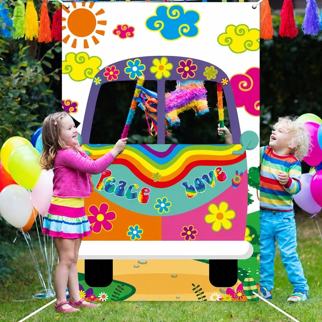 Alt view image 5 of 7 - 60's Hippie Bus Photo Prop 60s Party Decorations Large Fabric Retro Groovy Van Prop Hippie Selfie Frame Backdrop Background Banner Birthday Supplies Retro 60s 70s Party Favors 59 x 39.4 Inch