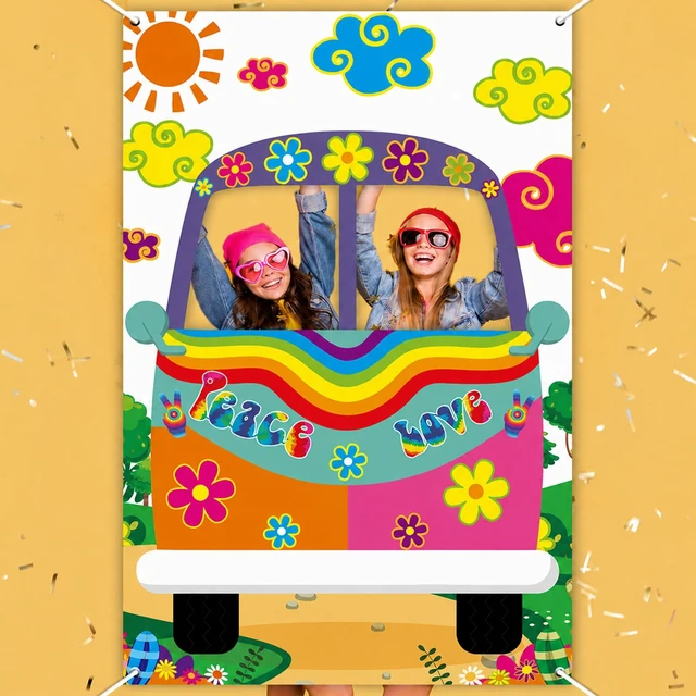 Alt view image 6 of 7 - 60's Hippie Bus Photo Prop 60s Party Decorations Large Fabric Retro Groovy Van Prop Hippie Selfie Frame Backdrop Background Banner Birthday Supplies Retro 60s 70s Party Favors 59 x 39.4 Inch