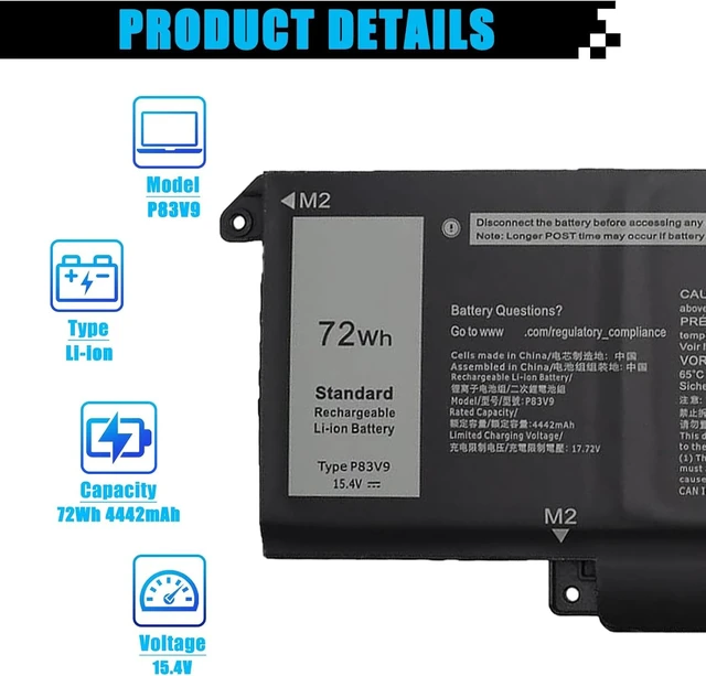 Alt view image 2 of 7 - 72Wh P83V9 Laptop Battery Replacement for Dell Precision 5470 5480 5490 Series Notebook P154G P154G001 P154G002 CDTT2 41CP8/61/60 15.4V 4442mAh 4-Cell