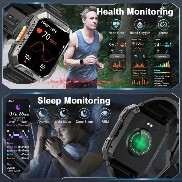 Alt view image 5 of 7 - Military Smart Watch for Men, Flashlight/100-Day Battery/Compass/2 Bands 2.01" HD, Heart Rate/SpO2/Sleep Monitor, Answer/Make Calls, 100+ Sport Modes/IP68 Waterproof Fitness Watch for iPhone/Android