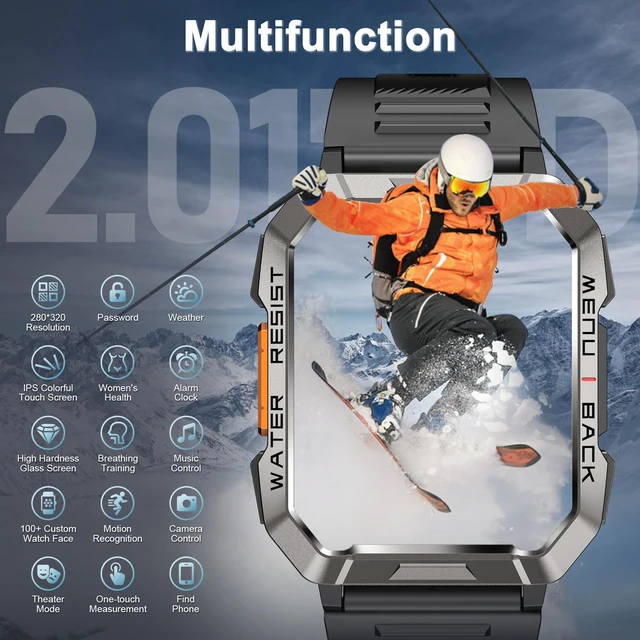 Alt view image 7 of 7 - Military Smart Watch for Men, Flashlight/100-Day Battery/Compass/2 Bands 2.01" HD, Heart Rate/SpO2/Sleep Monitor, Answer/Make Calls, 100+ Sport Modes/IP68 Waterproof Fitness Watch for iPhone/Android