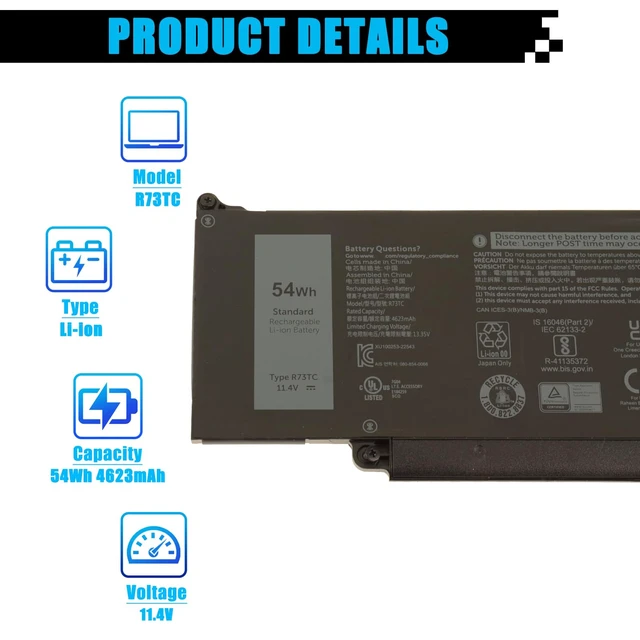 Alt view image 2 of 7 - R73TC Laptop Battery Replacement for Dell Latitude 3340 3440 3540 5340 5350 5440 5540 Latitude 3340 5340 5350 2-in-1 Precision 3480 3580 Series DR02P 2X1V9 GTG7N GRWKG KDM9P 0V042N 09HKT5 54Wh 11.4V