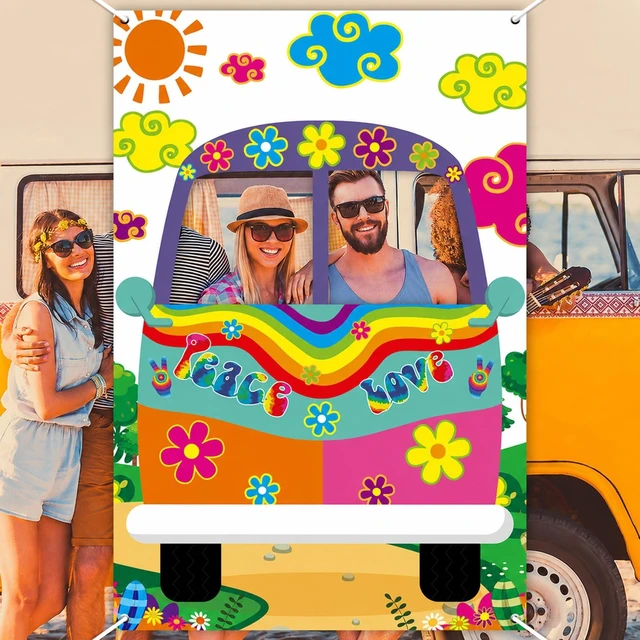 Alt view image 7 of 7 - 60's Hippie Bus Photo Prop 60s Party Decorations Large Fabric Retro Groovy Van Prop Hippie Selfie Frame Backdrop Background Banner Birthday Supplies Retro 60s 70s Party Favors 59 x 39.4 Inch