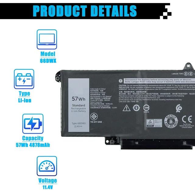 Alt view image 2 of 7 - 66DWX Laptop Battery Replacement for Dell Latitude 7340 7350 7440 7450 7640 7650 Series Notebook WW8N8 086D0Y 86D0Y 00HYH8 0HYH8 0CTJJ6 11.4V 57Wh 4878mAh