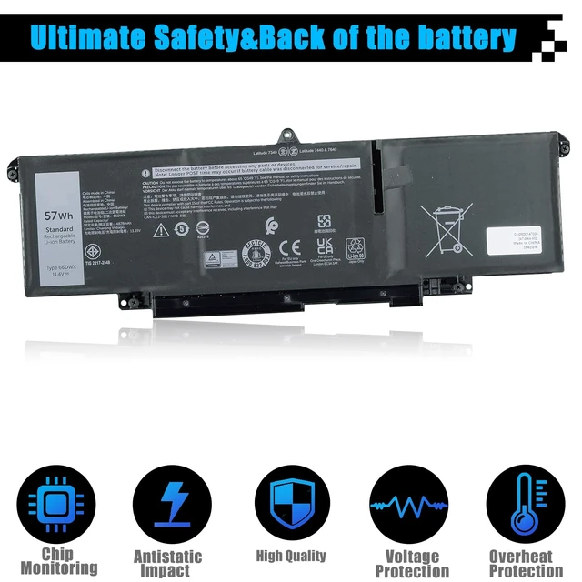 Alt view image 4 of 7 - 66DWX Laptop Battery Replacement for Dell Latitude 7340 7350 7440 7450 7640 7650 Series Notebook WW8N8 086D0Y 86D0Y 00HYH8 0HYH8 0CTJJ6 11.4V 57Wh 4878mAh