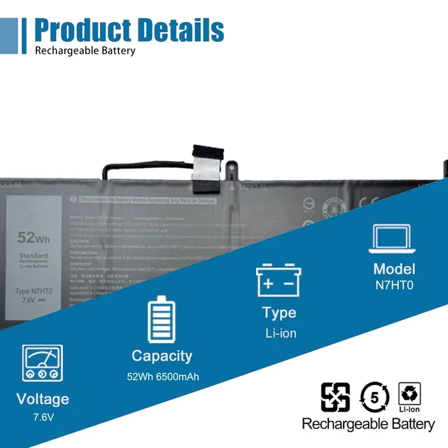 Alt view image 2 of 6 - N7HT0 Laptop Battery Replacement for Dell Latitude 9510 2-in-1 Latitude 9510 9520 P94F P95F P95F001 Series TVKGH V5K68 N2NLL HYMNG 08NFC7 N2NLL N7HTO 0PKW00 089GNG 0HYMNG 7.6V 52Wh 6500mAh