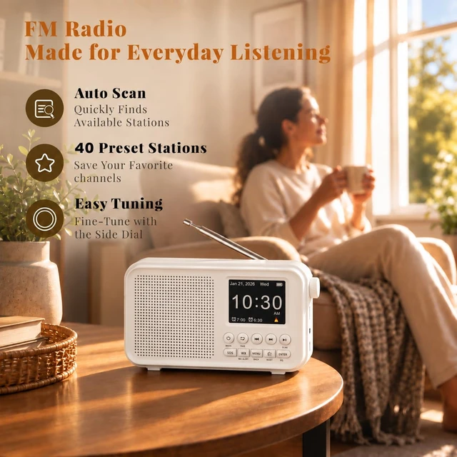 Alt view image 2 of 7 - Portable FM Radio with Bluetooth, NOAA Weather Alert, Dual Alarms 2.4" Color Display, USB-C Rechargeable Battery, microSD Music, EQ Sound, FM/WB Radio for Bedroom Office Travel