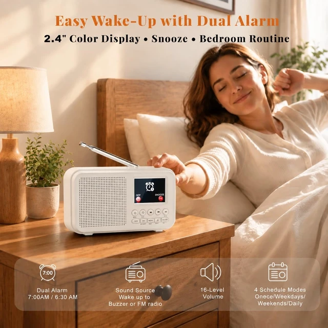 Alt view image 3 of 7 - Portable FM Radio with Bluetooth, NOAA Weather Alert, Dual Alarms 2.4" Color Display, USB-C Rechargeable Battery, microSD Music, EQ Sound, FM/WB Radio for Bedroom Office Travel