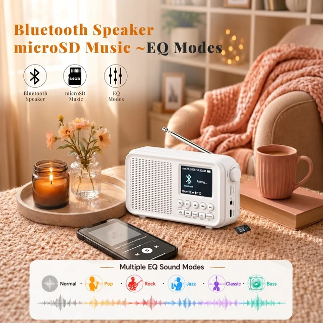 Alt view image 5 of 7 - Portable FM Radio with Bluetooth, NOAA Weather Alert, Dual Alarms 2.4" Color Display, USB-C Rechargeable Battery, microSD Music, EQ Sound, FM/WB Radio for Bedroom Office Travel