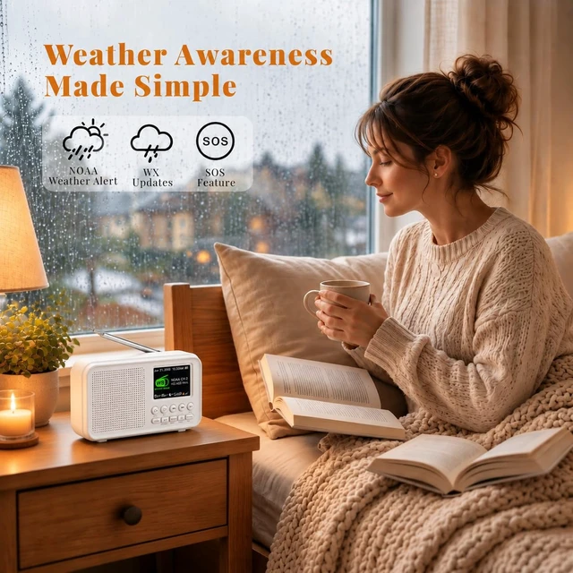 Alt view image 6 of 7 - Portable FM Radio with Bluetooth, NOAA Weather Alert, Dual Alarms 2.4" Color Display, USB-C Rechargeable Battery, microSD Music, EQ Sound, FM/WB Radio for Bedroom Office Travel