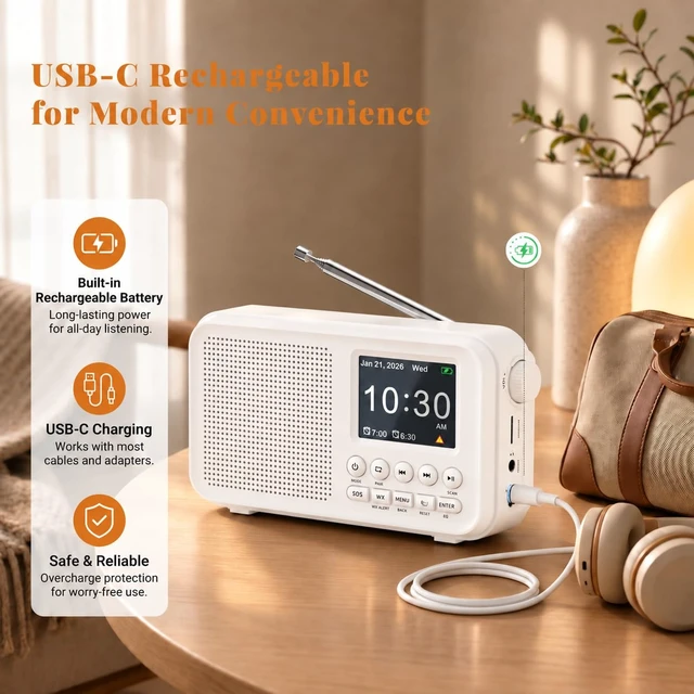 Alt view image 4 of 7 - Portable FM Radio with Bluetooth, NOAA Weather Alert, Dual Alarms 2.4" Color Display, USB-C Rechargeable Battery, microSD Music, EQ Sound, FM/WB Radio for Bedroom Office Travel