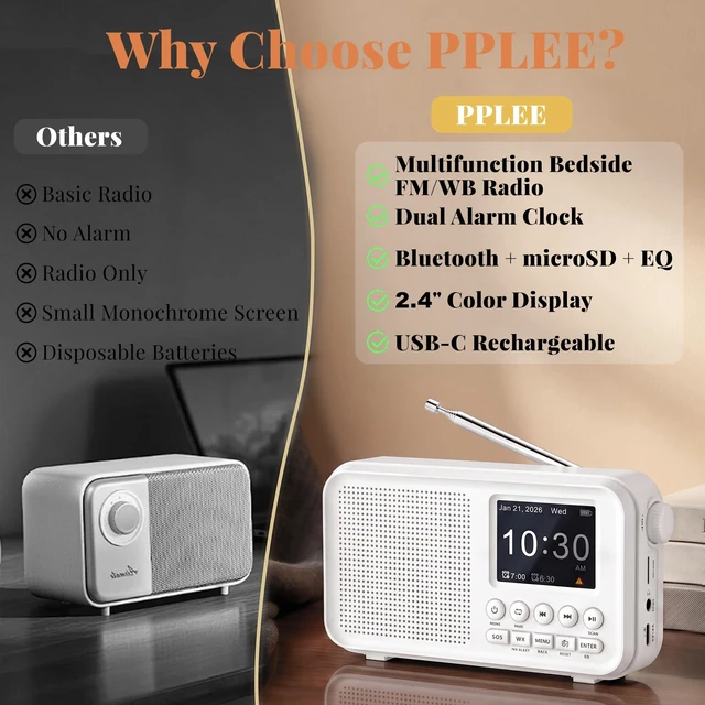 Alt view image 7 of 7 - Portable FM Radio with Bluetooth, NOAA Weather Alert, Dual Alarms 2.4" Color Display, USB-C Rechargeable Battery, microSD Music, EQ Sound, FM/WB Radio for Bedroom Office Travel