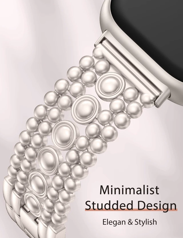 Alt view image 2 of 6 - Metal Bands Compatible with Fitbit Sense 2/Versa 4/Versa 3/Sense Bands Women, Pretty Dressy Stainless Steel Metal Dual Tone Adjustable Round Studded Link Bracelet Replacement Strap for Versa 4