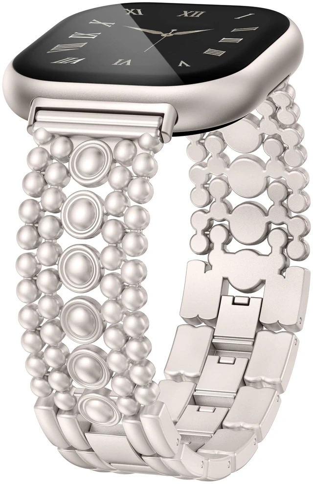 Main image of Metal Bands Compatible with Fitbit Sense 2/Versa 4/Versa 3/Sense Bands Women, Pretty Dressy Stainless Steel Metal Dual Tone Adjustable Round Studded Link Bracelet Replacement Strap for Versa 4