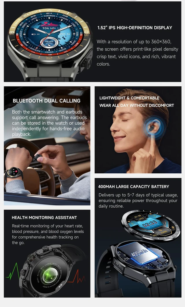 Alt view image 2 of 7 - Smart Watch with Earbuds,Round 1.52'' Touch Screen,Business Watches for Men Women,Headphones Combo(Answer/Calls),Fitness Tracker with Sleep Monitor, 100+ Sports Modes,for iPhone & Android