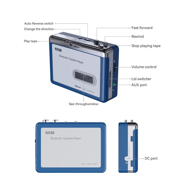 Alt view image 7 of 7 - Bluetooth Cassette Player, Walkman Tape Player with 3.5mm Jack Headphone and Speaker, Auto Reverse Function, USB Power/AA Battery Power