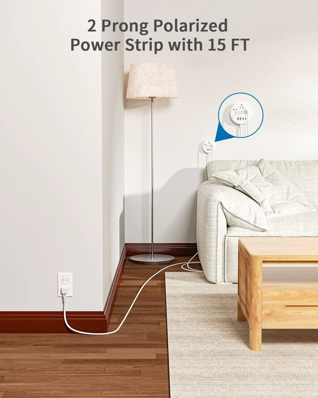 Alt view image 3 of 7 - 2 Prong Power Strip with USB-C, 2 Prong Extension Cord 15 FT, 2 Prong to 3 Prong Outlet Adapter Rotating Plug, 3 AC Outlets 4 USB Port, Compact Power Strip Ideal for Old House, Travel, White