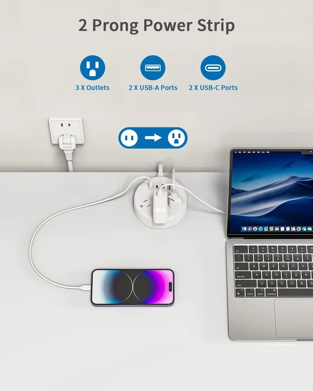 Alt view image 2 of 7 - 2 Prong Power Strip with USB-C, 2 Prong Extension Cord 15 FT, 2 Prong to 3 Prong Outlet Adapter Rotating Plug, 3 AC Outlets 4 USB Port, Compact Power Strip Ideal for Old House, Travel, White