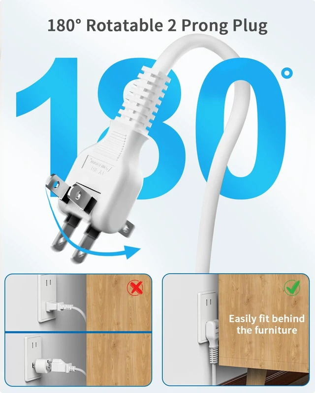 Alt view image 5 of 7 - 2 Prong Power Strip with USB-C, 2 Prong Extension Cord 15 FT, 2 Prong to 3 Prong Outlet Adapter Rotating Plug, 3 AC Outlets 4 USB Port, Compact Power Strip Ideal for Old House, Travel, White
