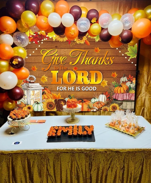 Alt view image 3 of 7 - Give Thanks to The Lord Banner Backdrop 10x8FT Christian Thanksgiving Decorations Background Autumn Maple Leaves Pumpkins Religious Thanksgiving Harvest Party Supplies Wall Decor