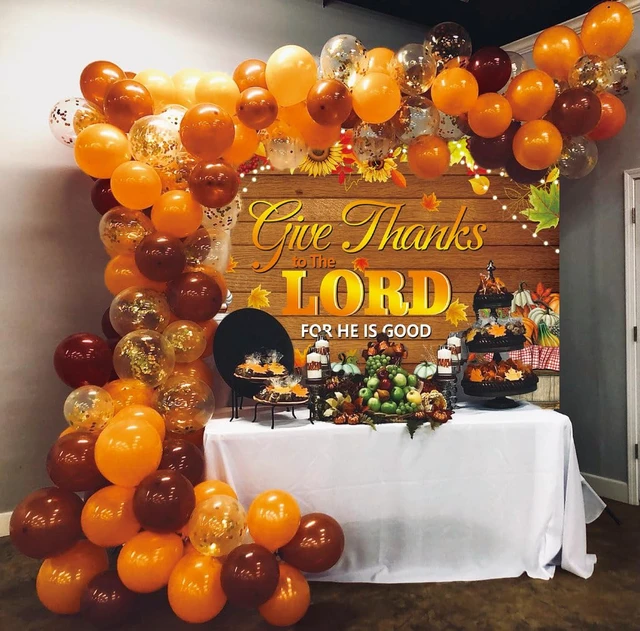 Alt view image 5 of 7 - Give Thanks to The Lord Banner Backdrop 10x8FT Christian Thanksgiving Decorations Background Autumn Maple Leaves Pumpkins Religious Thanksgiving Harvest Party Supplies Wall Decor