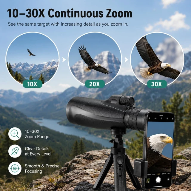 Alt view image 3 of 7 - 10-30x52 HD Zoom Monocular Telescope for Adults with tripod phone adapter & carrying bag low light vision great for bird watching hunting concerts