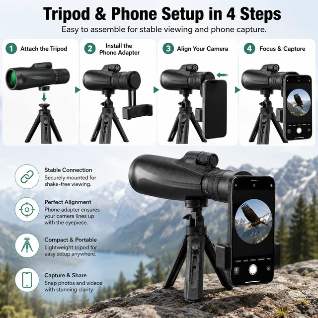Alt view image 4 of 7 - 10-30x52 HD Zoom Monocular Telescope for Adults with tripod phone adapter & carrying bag low light vision great for bird watching hunting concerts