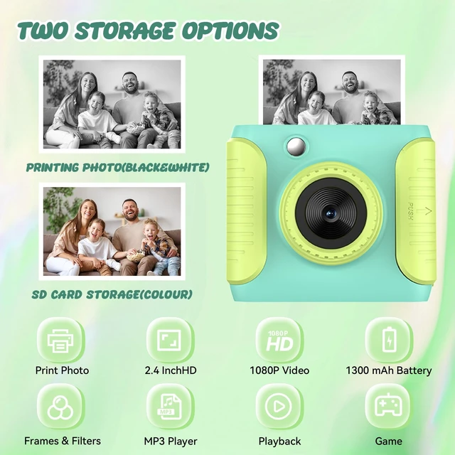 Alt view image 3 of 7 - Kids Instant Print Camera,Christmas Birthday Gifts for Girls and Boys,1080P HD Video Digital Kids Camera with Print Paper&32G Card,Toddler Toy for 3-14 Years Old (Green)