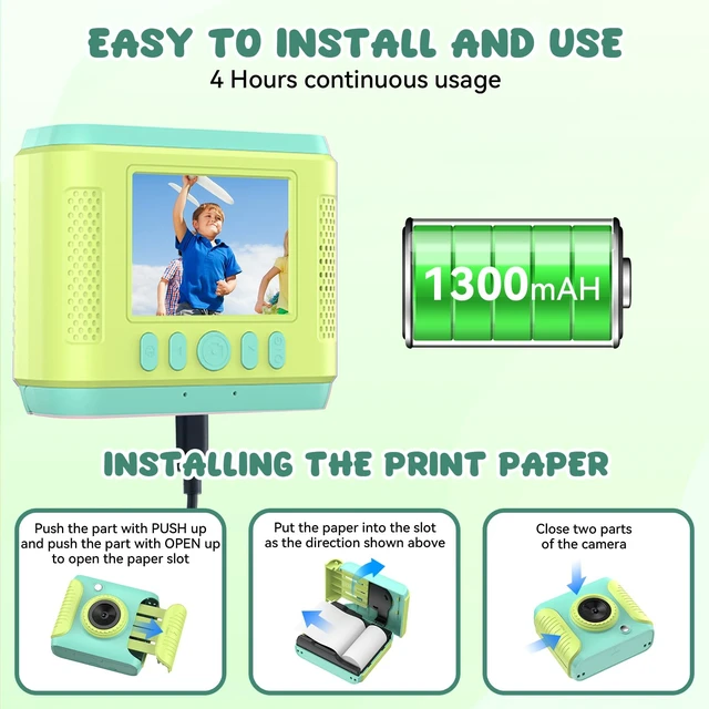 Alt view image 4 of 7 - Kids Instant Print Camera,Christmas Birthday Gifts for Girls and Boys,1080P HD Video Digital Kids Camera with Print Paper&32G Card,Toddler Toy for 3-14 Years Old (Green)
