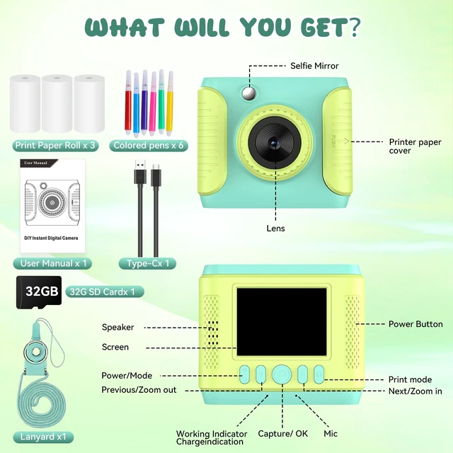 Alt view image 6 of 7 - Kids Instant Print Camera,Christmas Birthday Gifts for Girls and Boys,1080P HD Video Digital Kids Camera with Print Paper&32G Card,Toddler Toy for 3-14 Years Old (Green)