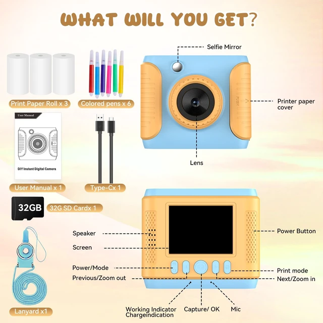 Alt view image 6 of 7 - Kids Instant Print Camera,Christmas Birthday Gifts for Girls and Boys,1080P HD Video Digital Kids Camera with Print Paper&32G Card,Toddler Toy for 3-14 Years Old (Blue)