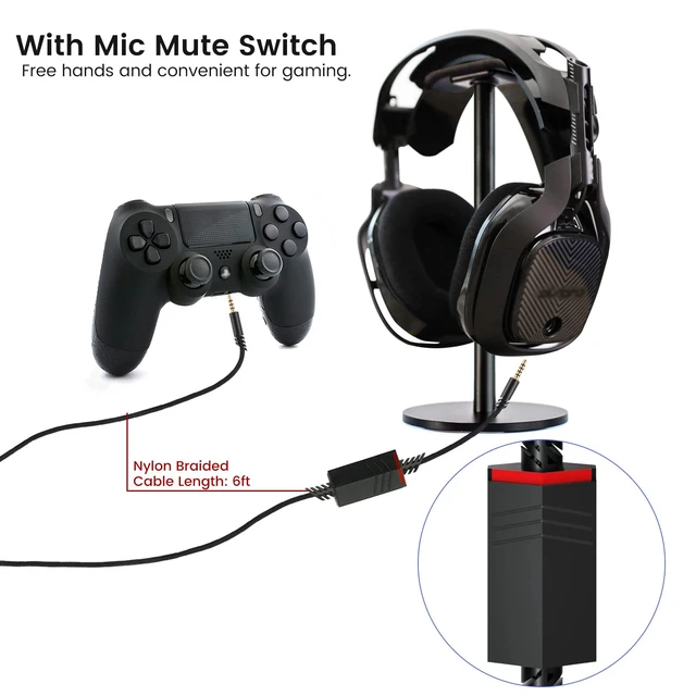Alt view image 3 of 6 - A40 Cord for Astro A10 A40 TR Headsets with Inline Mic Mute Switch, Black Detachable 3.5mm(1/8") Audio Cable, Braided Nylon, 6ft Long
