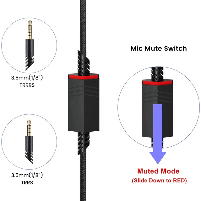 Alt view image 4 of 6 - A40 Cord for Astro A10 A40 TR Headsets with Inline Mic Mute Switch, Black Detachable 3.5mm(1/8") Audio Cable, Braided Nylon, 6ft Long