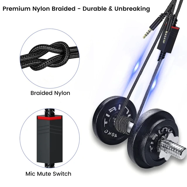 Alt view image 5 of 6 - A40 Cord for Astro A10 A40 TR Headsets with Inline Mic Mute Switch, Black Detachable 3.5mm(1/8") Audio Cable, Braided Nylon, 6ft Long
