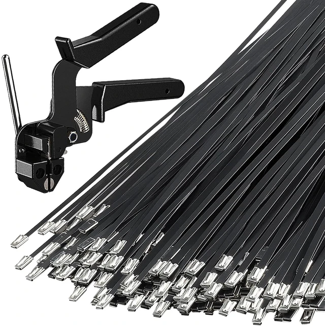 Main image of Stainless Steel Cable Tie Gun,200PCS 11.8"Black Metal Zip Ties Heavy-Duty Tensile Strength Zip Ties Kit, Self-Locking Ball Design,Rustproof, Heat Resistant for Fences & Pipes