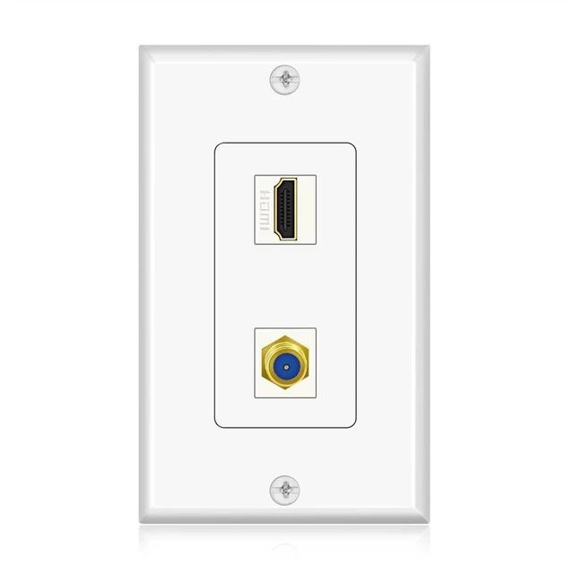 Main image of 4-Port HDMI Ethernet Coax and Phone Wall Plate, Cat6 RJ45, White Single-Gang Pass-Through Faceplate Uses Female Couplers for Simple Cable Connections and Measures 4.5 X 2.7 In