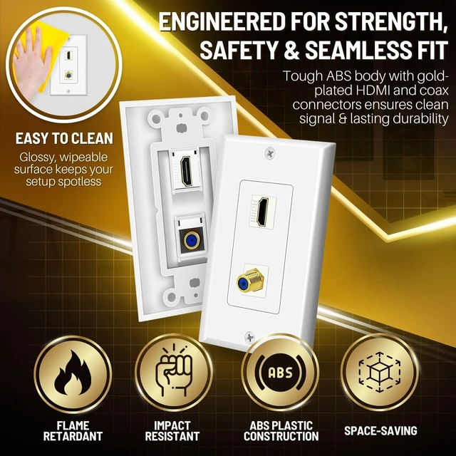 Alt view image 3 of 7 - 4-Port HDMI Ethernet Coax and Phone Wall Plate, Cat6 RJ45, White Single-Gang Pass-Through Faceplate Uses Female Couplers for Simple Cable Connections and Measures 4.5 X 2.7 In